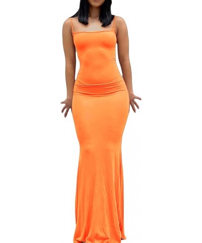 Women's Square Neck Maxi Dress Long Sleeve Backless Bodycon Dress Club Party Wear Sundresses C-orange $8.66 Dresses