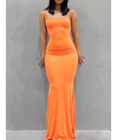 Women's Square Neck Maxi Dress Long Sleeve Backless Bodycon Dress Club Party Wear Sundresses C-orange $8.66 Dresses