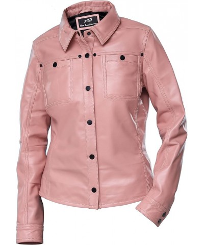 Womens Button Front Lambskin Leather Jacket Shacket - Casual Shirt Long Sleeve Leather Jacket Women with Bust Pocket Pink $71...