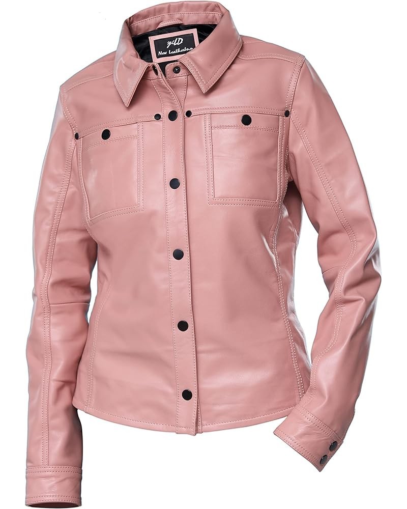 Womens Button Front Lambskin Leather Jacket Shacket - Casual Shirt Long Sleeve Leather Jacket Women with Bust Pocket Pink $71...