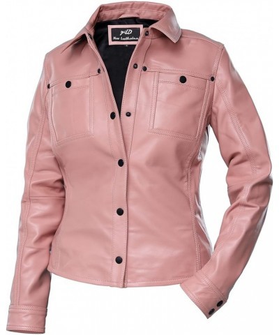 Womens Button Front Lambskin Leather Jacket Shacket - Casual Shirt Long Sleeve Leather Jacket Women with Bust Pocket Pink $71...