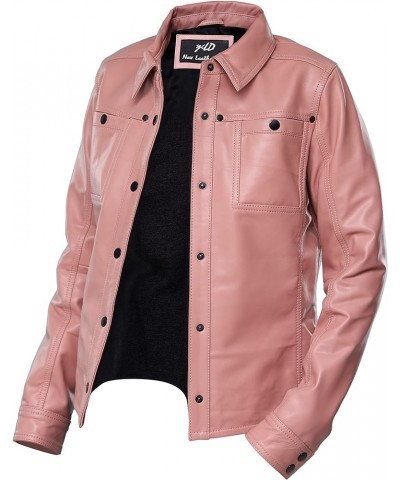 Womens Button Front Lambskin Leather Jacket Shacket - Casual Shirt Long Sleeve Leather Jacket Women with Bust Pocket Pink $71...