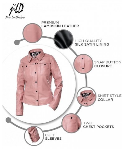 Womens Button Front Lambskin Leather Jacket Shacket - Casual Shirt Long Sleeve Leather Jacket Women with Bust Pocket Pink $71...