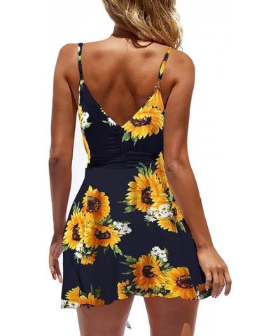 Womens V-Neck Spaghetti Strap Bowknot Backless Sleeveless Lace Mini Swing Skater Dress 594 Navy Blue Sunflower $19.94 Dresses