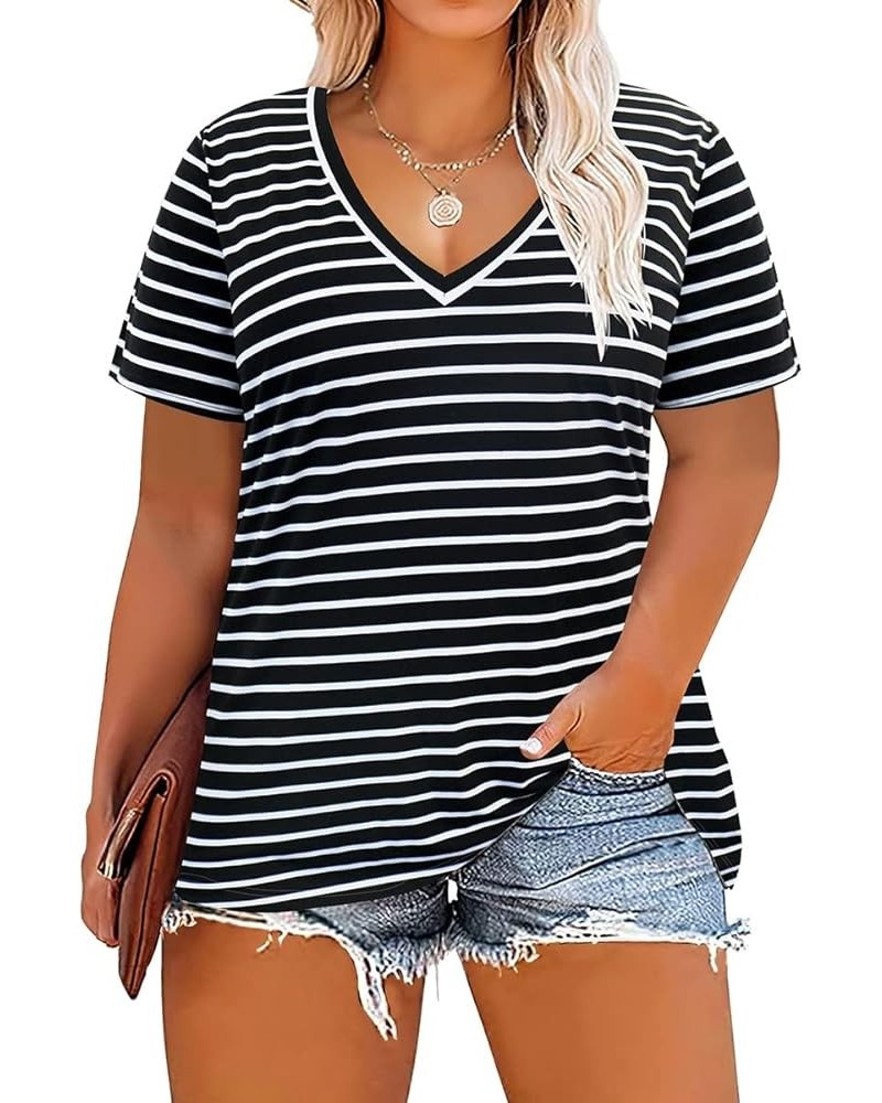 Plus Size Tops For Women Oversized Summer Basic V Neck Short Sleeve Henley Shirt Casual Tunic Shirts XL-5XL A2-62-stripe B $1...