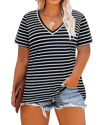 Plus Size Tops For Women Oversized Summer Basic V Neck Short Sleeve Henley Shirt Casual Tunic Shirts XL-5XL A2-62-stripe B $1...