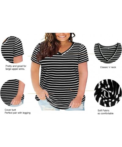 Plus Size Tops For Women Oversized Summer Basic V Neck Short Sleeve Henley Shirt Casual Tunic Shirts XL-5XL A2-62-stripe B $1...