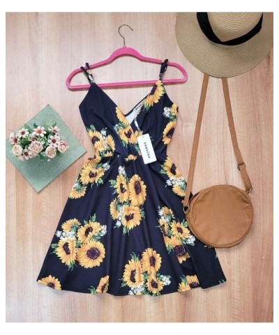 Womens V-Neck Spaghetti Strap Bowknot Backless Sleeveless Lace Mini Swing Skater Dress 594 Navy Blue Sunflower $19.94 Dresses