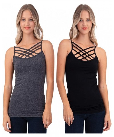 Women Sexy Criss Cross Front Spaghetti Strap Basic Round HollowOut Neck Seamless Camisole Tank Top 2pk Charcoal Black $11.79 ...