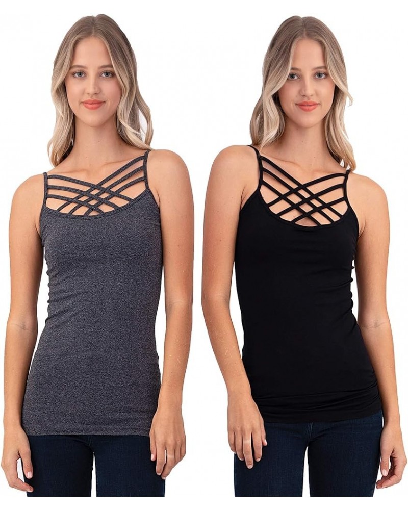 Women Sexy Criss Cross Front Spaghetti Strap Basic Round HollowOut Neck Seamless Camisole Tank Top 2pk Charcoal Black $11.79 ...