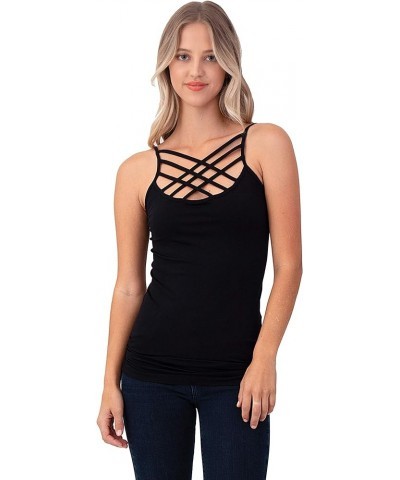 Women Sexy Criss Cross Front Spaghetti Strap Basic Round HollowOut Neck Seamless Camisole Tank Top 2pk Charcoal Black $11.79 ...