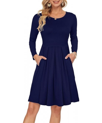 Women's Long Sleeve Pleated Loose Swing Casual Dress with Pockets Knee Length 01-navy Blue $18.89 Dresses