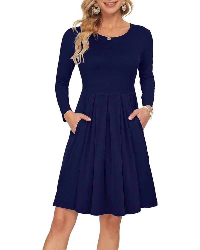 Women's Long Sleeve Pleated Loose Swing Casual Dress with Pockets Knee Length 01-navy Blue $18.89 Dresses