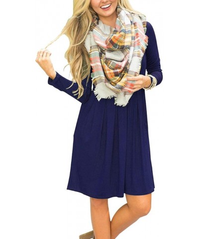 Women's Long Sleeve Pleated Loose Swing Casual Dress with Pockets Knee Length 01-navy Blue $18.89 Dresses