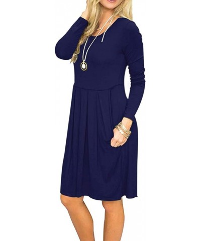 Women's Long Sleeve Pleated Loose Swing Casual Dress with Pockets Knee Length 01-navy Blue $18.89 Dresses