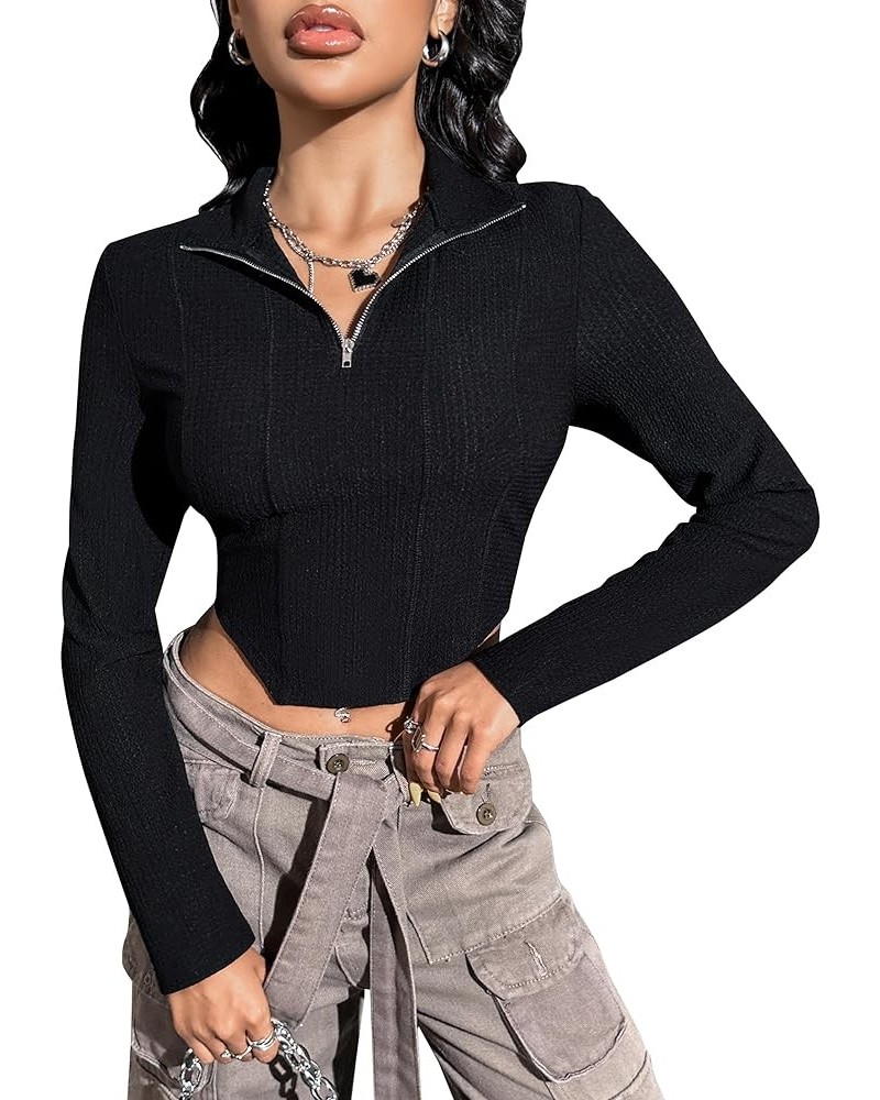 Womens Going Out Tops Long Sleeve Crop Tops Ribbed Knit Cute Sexy Y2k T Shirt Black003 $9.71 T-Shirts