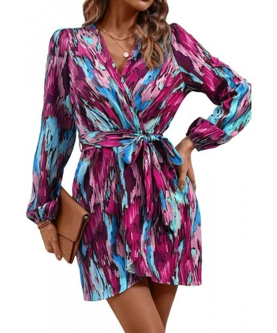 Women's Allover Print Long Bishop Sleeve V Neck Wrap Short Dress with Belt Purple $22.54 Dresses