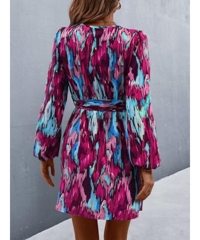 Women's Allover Print Long Bishop Sleeve V Neck Wrap Short Dress with Belt Purple $22.54 Dresses