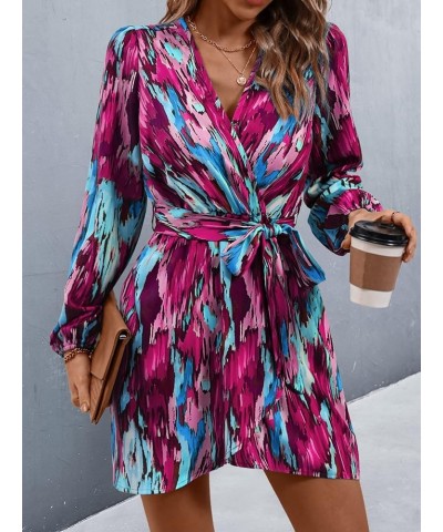 Women's Allover Print Long Bishop Sleeve V Neck Wrap Short Dress with Belt Purple $22.54 Dresses