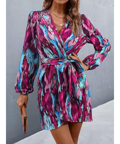 Women's Allover Print Long Bishop Sleeve V Neck Wrap Short Dress with Belt Purple $22.54 Dresses