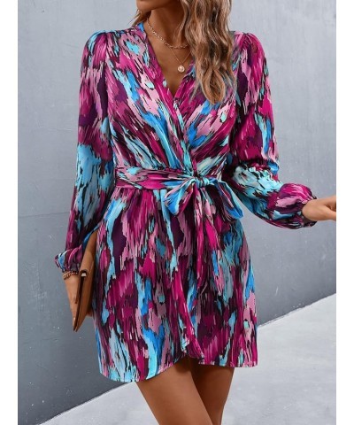 Women's Allover Print Long Bishop Sleeve V Neck Wrap Short Dress with Belt Purple $22.54 Dresses