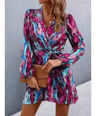 Women's Allover Print Long Bishop Sleeve V Neck Wrap Short Dress with Belt Purple $22.54 Dresses