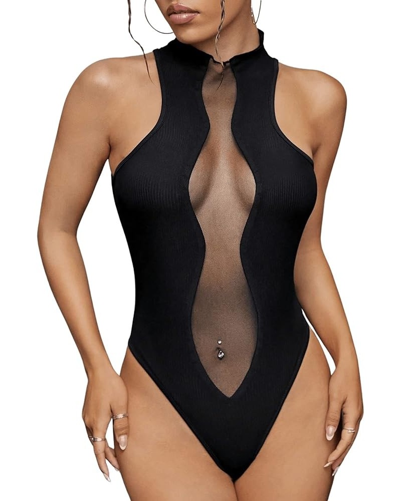 Women's Sleeveless Scoop Neck High Cut Skinny Mesh Tank Top Bodysuit Sheer Black $17.39 Bodysuits