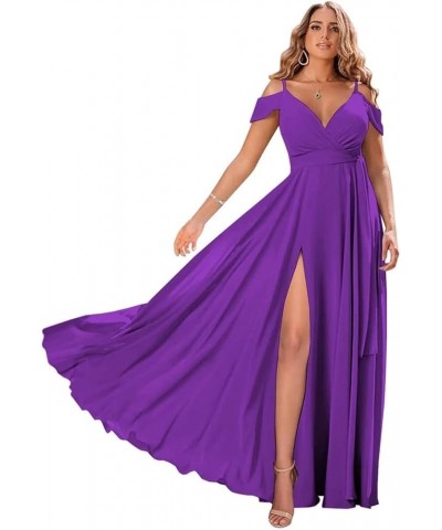 Off Shoulder Bridesmaid Dresses 2023 for Women Long Chiffon V Neck Formal Evening Gown with Slit RQ04 Purple $28.01 Dresses