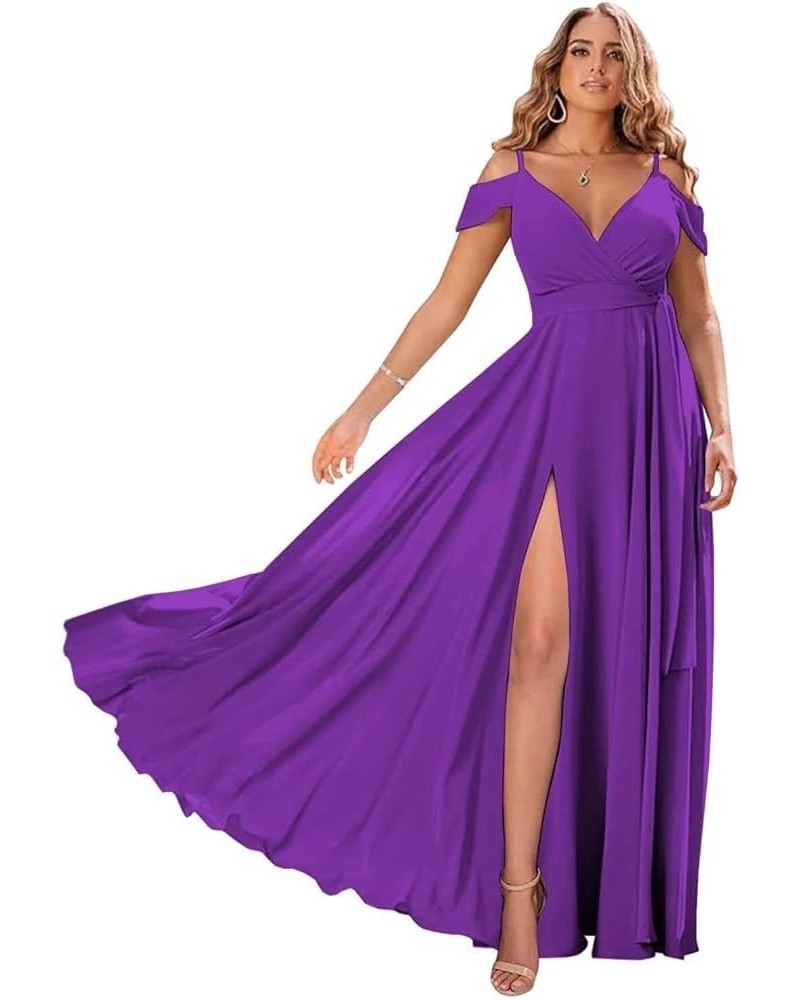 Off Shoulder Bridesmaid Dresses 2023 for Women Long Chiffon V Neck Formal Evening Gown with Slit RQ04 Purple $28.01 Dresses