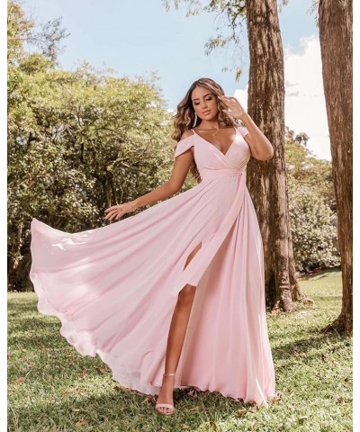 Off Shoulder Bridesmaid Dresses 2023 for Women Long Chiffon V Neck Formal Evening Gown with Slit RQ04 Purple $28.01 Dresses