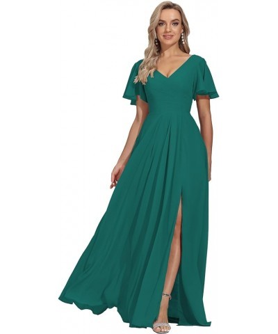 Women's V Neck Bridesmaid Dresses with Sleeves Split Pleated Long Chiffon Formal Wedding Guest Dress with Pockets Teal $24.00...