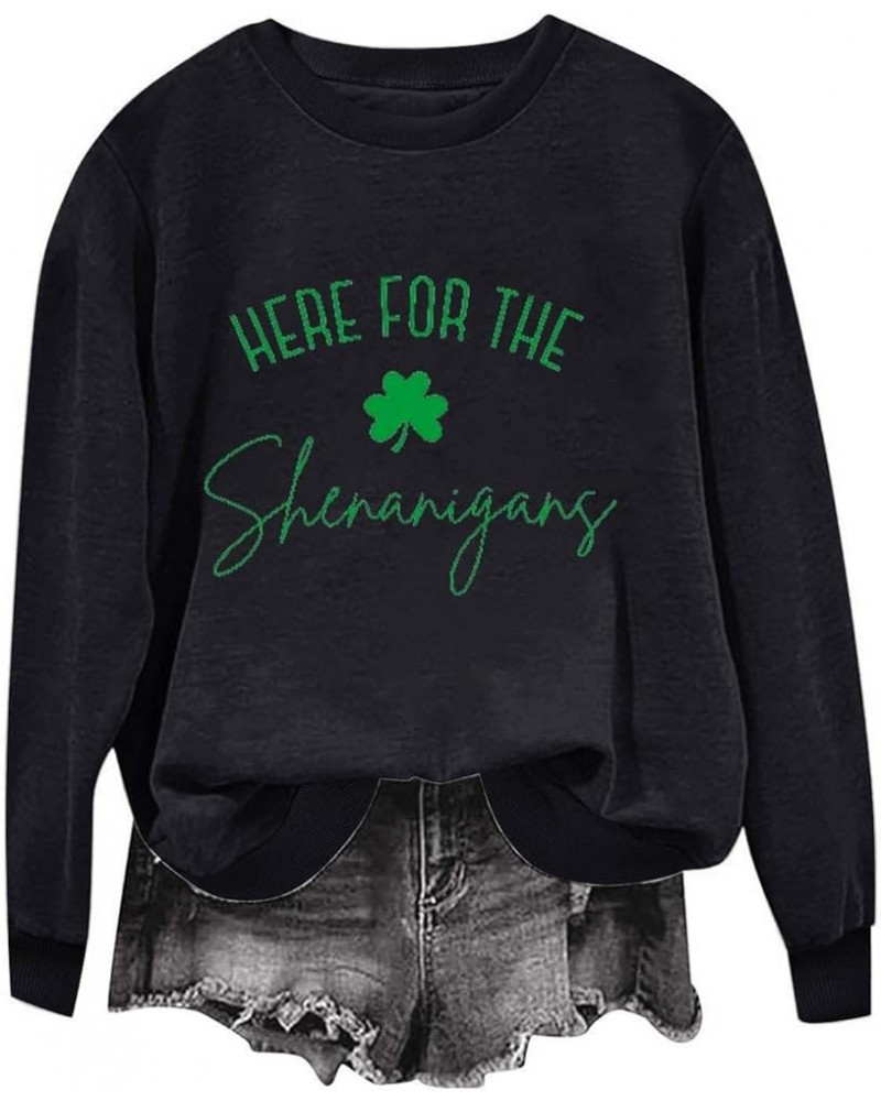 St Patricks Day Shirt Women Long Sleeve Crewneck Sweatshirts Funny St. Patrick's Shamrock Outfit Oversized Irish Tops A11-bla...