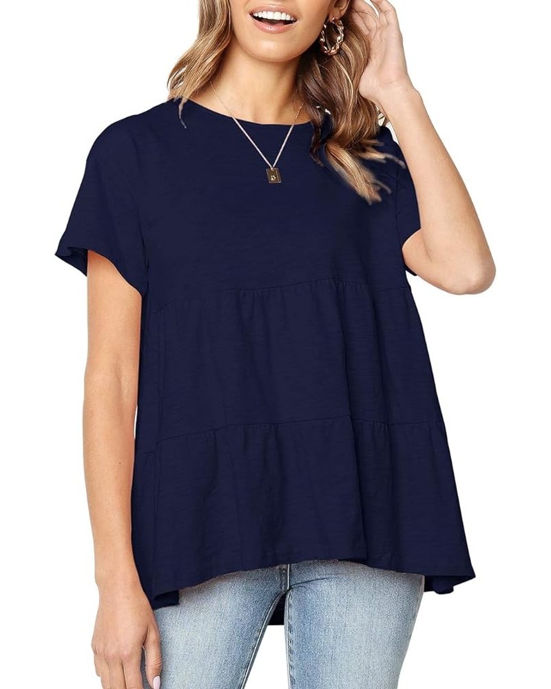 Womens Short Sleeve Casual Loose Blouse High Low Hem Ruffle Peplum T Shirt Tops Navy Blue $13.91 Blouses