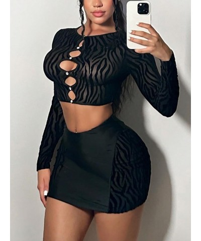 Women's 2 Piece Outfits Rhinestone Cut Out Crop Top and Mini Skirt Sets Black $14.28 Suits