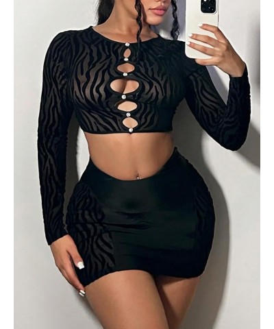 Women's 2 Piece Outfits Rhinestone Cut Out Crop Top and Mini Skirt Sets Black $14.28 Suits