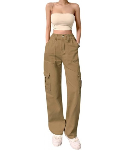 Women High Waist Baggy Denim Pants Wide Leg Straight Trousers Y2k Fashion Cargo Jeans Streetwear N-brown $15.05 Jeans