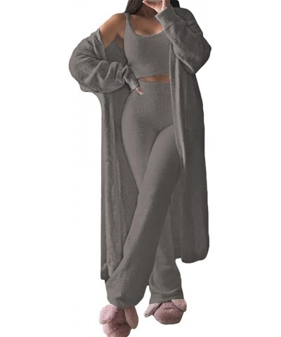 Women's Fuzzy 3 Piece Sweatsuit Open Front Cardigan Crop Tank Tops Wide Legs Pants Lounge Sets 1-dark Grey $34.19 Sleep & Lounge