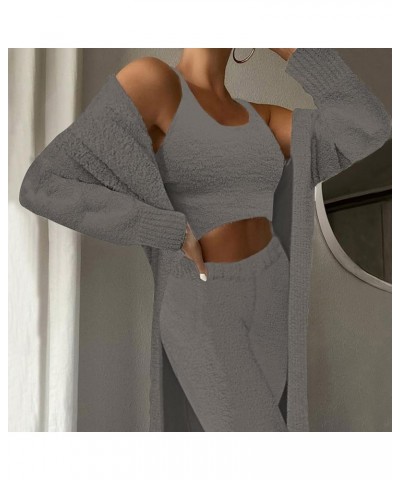 Women's Fuzzy 3 Piece Sweatsuit Open Front Cardigan Crop Tank Tops Wide Legs Pants Lounge Sets 1-dark Grey $34.19 Sleep & Lounge