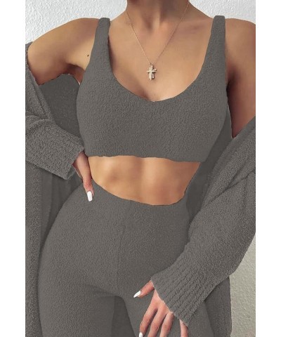 Women's Fuzzy 3 Piece Sweatsuit Open Front Cardigan Crop Tank Tops Wide Legs Pants Lounge Sets 1-dark Grey $34.19 Sleep & Lounge