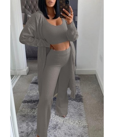 Women's Fuzzy 3 Piece Sweatsuit Open Front Cardigan Crop Tank Tops Wide Legs Pants Lounge Sets 1-dark Grey $34.19 Sleep & Lounge