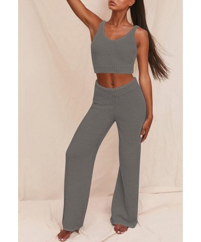 Women's Fuzzy 3 Piece Sweatsuit Open Front Cardigan Crop Tank Tops Wide Legs Pants Lounge Sets 1-dark Grey $34.19 Sleep & Lounge