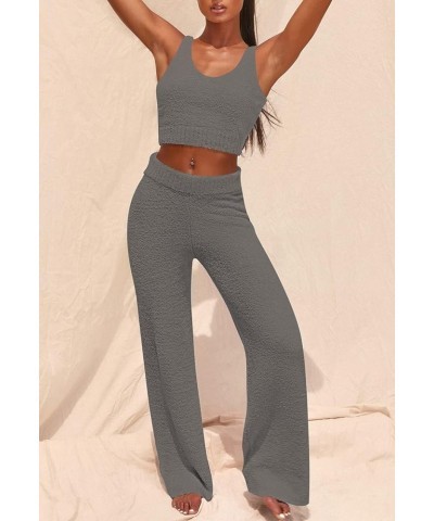 Women's Fuzzy 3 Piece Sweatsuit Open Front Cardigan Crop Tank Tops Wide Legs Pants Lounge Sets 1-dark Grey $34.19 Sleep & Lounge