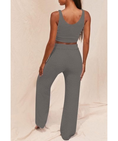 Women's Fuzzy 3 Piece Sweatsuit Open Front Cardigan Crop Tank Tops Wide Legs Pants Lounge Sets 1-dark Grey $34.19 Sleep & Lounge