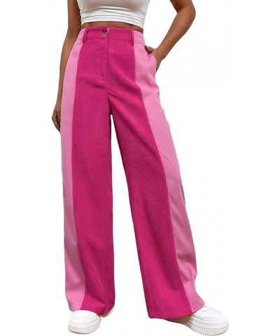 Women's High Waisted Color Block Straight Leg Casual Loose Pants with Pocket Two Tone Pink $16.80 Leggings