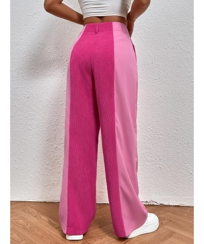 Women's High Waisted Color Block Straight Leg Casual Loose Pants with Pocket Two Tone Pink $16.80 Leggings