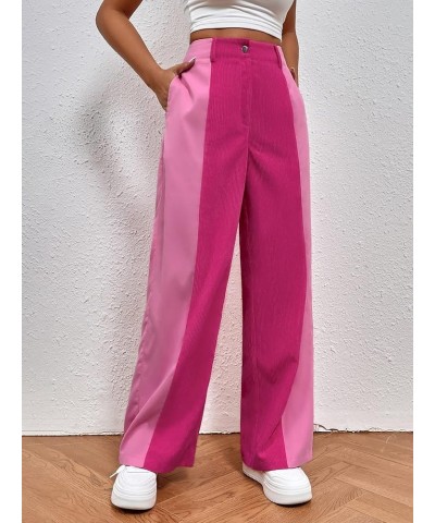 Women's High Waisted Color Block Straight Leg Casual Loose Pants with Pocket Two Tone Pink $16.80 Leggings