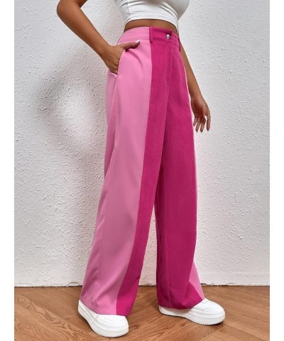 Women's High Waisted Color Block Straight Leg Casual Loose Pants with Pocket Two Tone Pink $16.80 Leggings