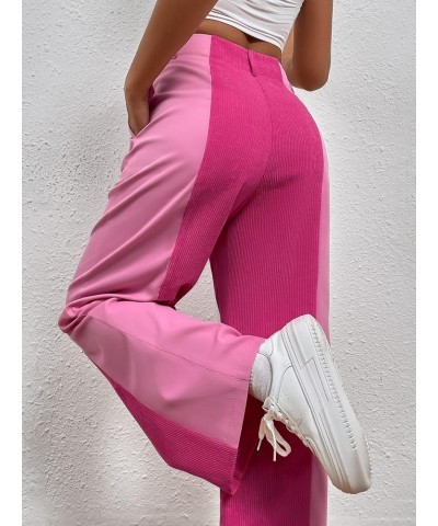 Women's High Waisted Color Block Straight Leg Casual Loose Pants with Pocket Two Tone Pink $16.80 Leggings