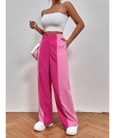 Women's High Waisted Color Block Straight Leg Casual Loose Pants with Pocket Two Tone Pink $16.80 Leggings