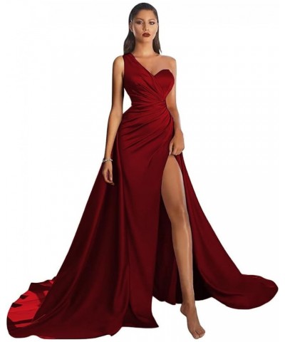 Womens One Shoulder Prom Dresses Satin Long Formal Wedding Guest Party Gowns Dress with Slit Wine Red $30.55 Dresses